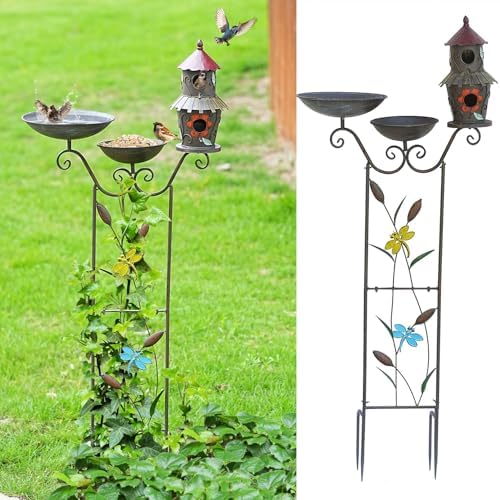 52.4" H Metal Bird Bath with Trellis for Outdoor,Bird Feeder and Metal Bird Houses,Garden Plant Support,4-in-1,Doubles As The Climbing Plant,Garden Yard Decor by HOUYANG