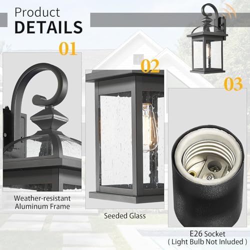 Darkaway Dusk to Dawn Outdoor Lights Fixture Wall Mount,Large 22inch Exterior Wall Light with Seeded Glass Waterproof Black Outside Wall Sconce for House Porch Hallway Garage - Image 4