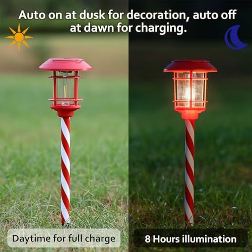 Dynaming 6 Pack Dual Use Solar Christmas Path Lights Outdoor, Hanging Lantern Solar Garden Light with Edison Bulb, Xmas Pathway Markers, Auto On/Off Candy Cane Lights for Patio Yard Walkway Driveway - Image 5