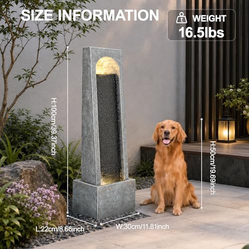 Outdoor Water Fountain, 39.37" Tall Resin Waterfall Fountain with LED Lights, Freestanding Modern Water Wall Fountain with Built-in Pump, Gray Stone-Look Patio Fountain for Garden, Porch, Backyard - Image 3