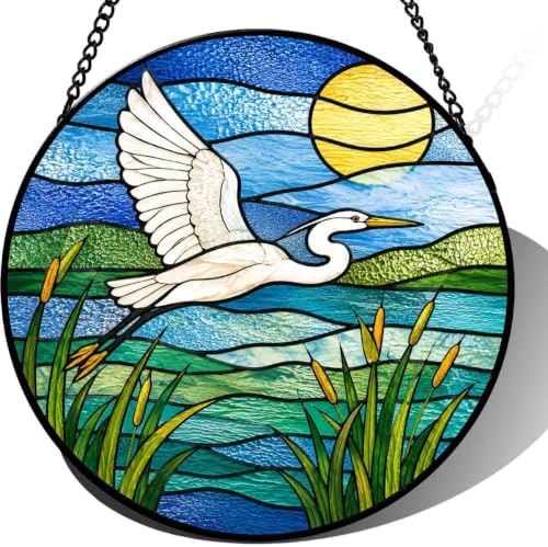 Stained Glass Suncatcher Flying Egret Window Hanging, Nature Art Glass Decor, Sunset Lake Wall Art, Unique Bird Lover Gift for Mom, Birthday Housewarming Ornament 9.8 Inch by Unknown