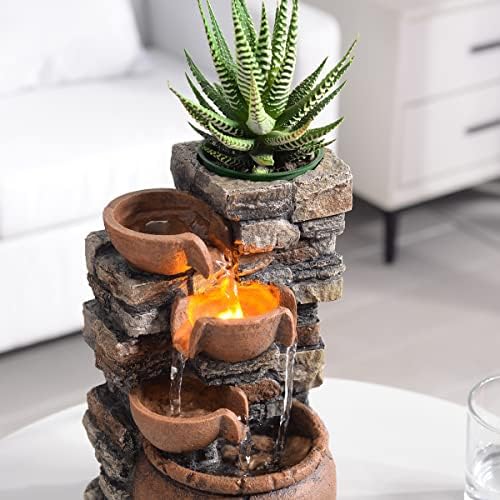 Indoor Fountain 4-Bowl Rockery Soothing Sound Tabletop Fountains Home/Office Decor with a Small Plastic Pot to Grow The Plant by Yourself(Automatic Watering)(23001) - Image 4