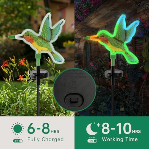 Solar Hummingbird Garden Lights 2 Pack, Colorful Neon Glow LED Solar Stake Lights, Waterproof Outdoor Decorative Landscape Lighting for Yard, Patio, Gifts for Mom - Image 3