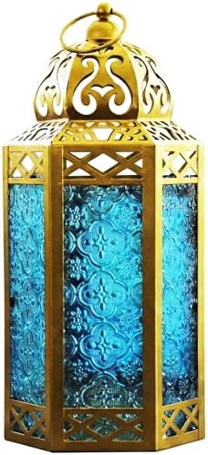 Vela Lanterns 12" Metal Moroccan Decorative Candle Lantern Holders for Hanging or Table, Indoor Home Decor, Outdoor Patio or Porch, Weddings, Gold, Blue Glass, Large by VelaCandleLanterns