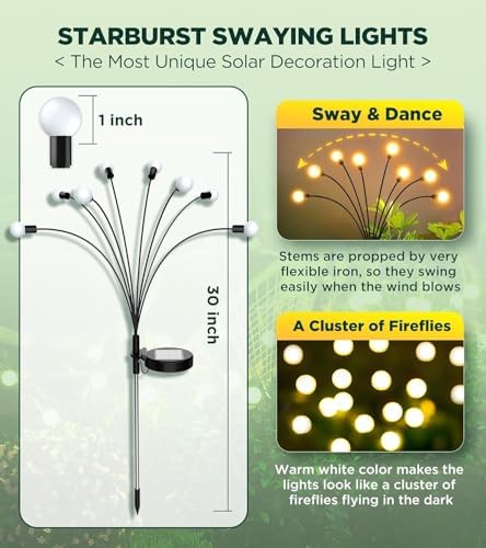 Vibrant Solar Garden Lights, Ultra Bright Solar Powered Firefly Lights Outdoor Waterproof, High Flexibility Starburst Swaying Light, 8 LED Landscape Lighting Decorative for Pathway Patio Yard - Image 3