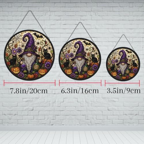 Stained Glass Halloween Gnome Witch Suncatcher, Pumpkin Black Cat Spider Bat Circular Panel, Spooky Fall Season Window Hanging Ornament - Image 6