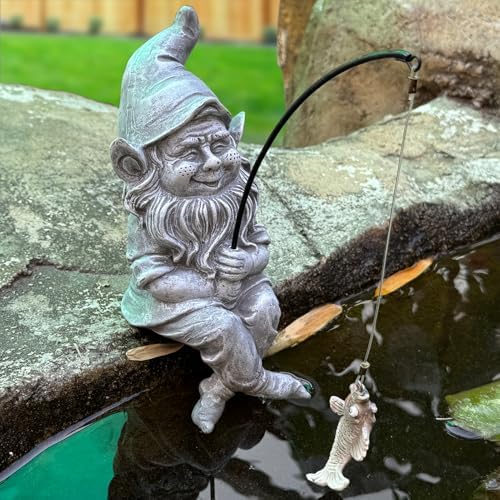 Garden Gnome Pond Statue Decoration, Fishing Gnome Garden Statue Outdoor Koi Pond or Waterfall Decor, 9.7" Stone Gnome Fishing Poolside Statue, Elf Pond Statue, Great Gifts & Housewarming for Mom by GardenWhisper