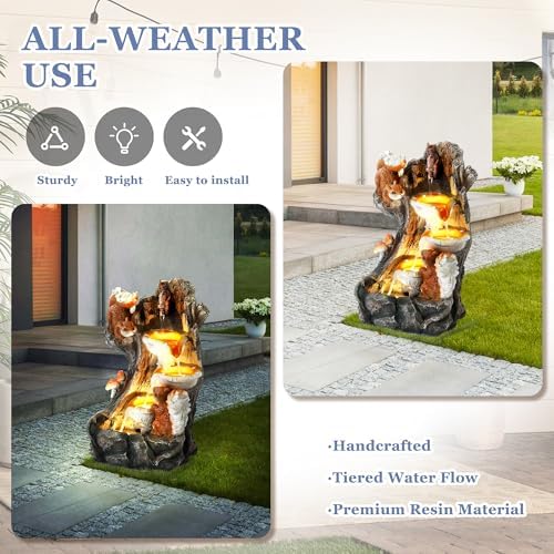 Grepatio Outdoor 4-Tiers Cascading Water Fountain, Garden Waterfalls Fountain with LED Lights, Indoor/Outdoor Floor Standing Water Fountains with Pump for Patio, Yard, Deck Decor with 2 Squirrel Look - Image 6
