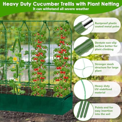 Large Cucumber Trellis for Climbing Plants with Grow Bag, 67"×65"×16.5" Metal Garden Trellis for Raised Bed with Garden Netting and Plant Clip Plant Ties for Vegetables, Squash, Pea, Grape, Tomato - Image 6