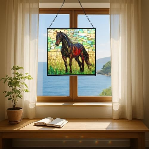 Black Hanoverian Horse Standing in Golden Pasture Light Square Suncatcher – Stained Glass Style Window Panel with Pastoral Scene, Custom Decorative Hanging Art for Equestrian Home, Christmas dsPHQT - Image 6