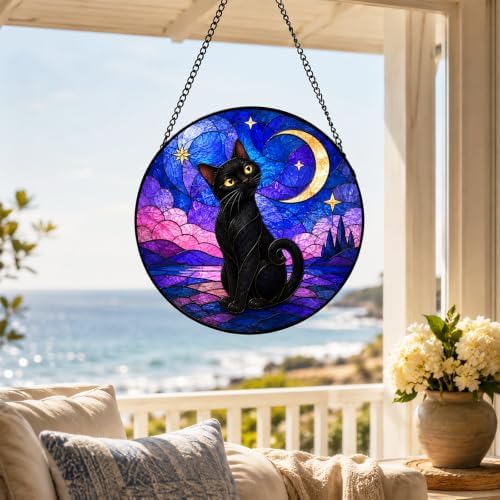 Black Cat Moon Stained Glass Window Hanging with Metal Chain - Image 2