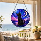 Black Cat Moon Stained Glass Window Hanging with Metal Chain - Image 2
