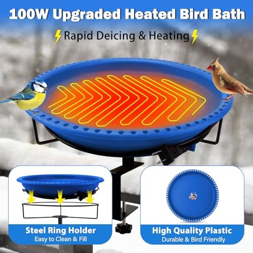 Daoeny Heated Bird Baths for Outdoors, Upgraded 100W Thermostatically Controlled Heated Bird Bath for Deck Railing, Heated Bird Bath for Outside Winter Garden Yard Patio Decor (Blue) - Image 2