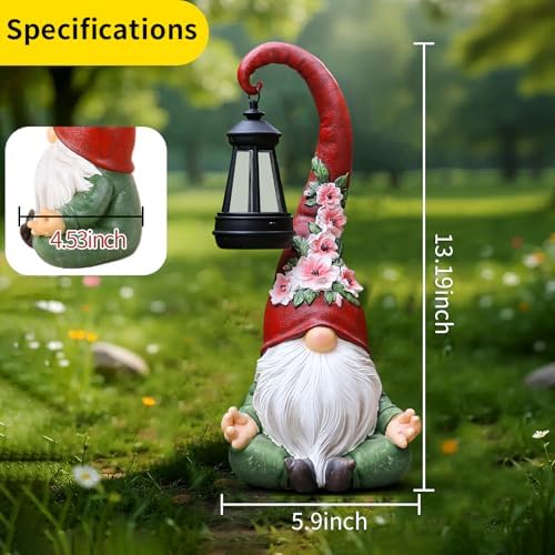 Solar Garden Gnome Statue, 13.1 Inch Zen Gnome with Lantern for Yard Decor - Image 4