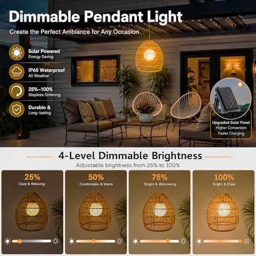 Solar Pendant Lights Outdoor, 12 Inch Rattan Solar Lantern with Remote - Image 2