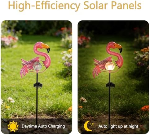 Pink Flamingo Lawn Light Garden Decor Solar Lights, for Yard Outdoor Decorations Ground Inserted Outdoor Waterproof Garden Lamp with Crackle Glass Ball LED (Warm White) - Image 2