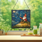 Gnome Stargazing Hill Stained Glass Suncatcher – Square Hanging Window Panel for Home or Greenhouse – Whimsical Glass Art Gift for Garden Lovers, Christmas, Halloween, Father Days CPnjtO - Image 2