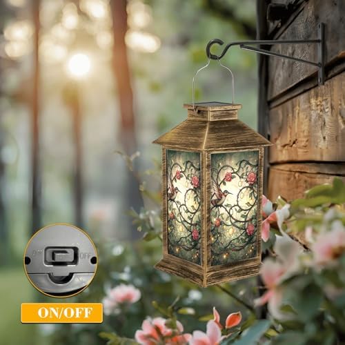 Solar Lantern Outdoor Waterproof Art Nouveau Stained Glass Panel Roses Garden Decor LED Solar Lights Hanging/Tabletop Lamp Gifts for Women Mom for Outside Yard Patio - Image 5