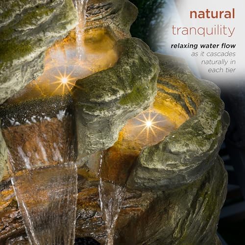 Alpine Corporation WIN1092 Outdoor Multitiered Rock Waterfall Floor Fountain with Warm White LED Lights, 51" Tall, Brown - Image 6