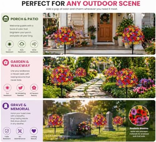 Outdoor Artificial Flowers Fake Plants, Artificial Topiary Balls with Ground Spikes, UV Resistant, Mix 4 Colors, 2 Pack, 20 inch, Garden Porch Patio Gravesite Indoor Decor (2 Pcs Orange) - Image 2