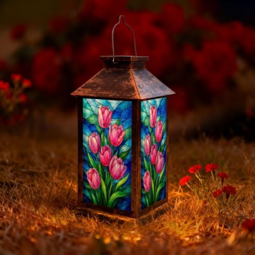 Solar Lantern Colorful Stained Glass Window Outdoor Waterproof Garden Hanging Lantern Solar Powered Lighting Outside Solar Light for Patio Yard Camping, Gifts for Women Mom by Unknown