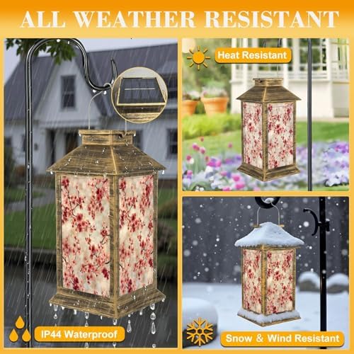 Solar Lantern Outdoor Waterproof Oriental Cherry Tree Blossom Rice Paper Garden Decor LED Hanging Solar Lights Tabletop Lamp Gifts for Women Mom Outside Yard Patio Porch - Image 3
