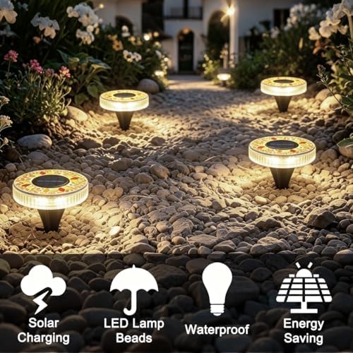 Solar Mosaic Disk Lights Outdoor, Waterproof Mosaic Glass Decorative Solar Garden Lights Auto On/Off, Decorative LED Pathway Lamp for Garden Walkway Patio Yard (Yellow) - Image 2