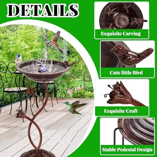 Bird Bath Garden for Outside, Vintage Metal Birdbaths Bowl with Roman Pedestal for Outdoors, Standing Bird Bath Bowl Birdfeeder for Yard Lawn Decor (Vintage Copper - Hummingbird) - Image 3