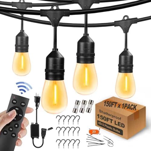 150FT String Lights for Outside Remote Controlled Waterproof with 48pcs Replaceable S14 Warm Bulbs for Patio, Gazebo, Pergola, Backyard Bistro Lights, 2200K, Linkable, 1-Pack by YuHooLamp