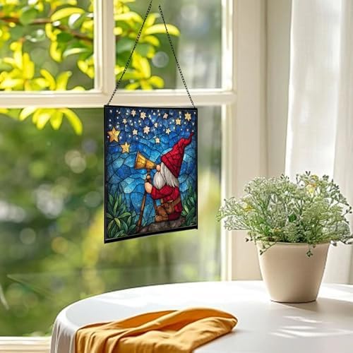 Star Gazer Gnome Stained Glass Suncatcher – Square Hanging Window Panel for Home or Greenhouse – Whimsical Glass Art Gift for Garden Lovers, Christmas, Halloween, Father Days j9i2JX - Image 3
