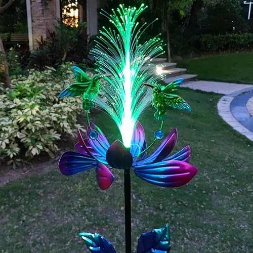 Solar Hummingbird Wind Spinners, Solar Firework Lights Garden Décor, Metal Lotus Flower Windmill Colour Changing Optical Fiber Lights Yard Decoration, Outdoor Wind Sculpture for Lawn Patio,Balcony - Image 3