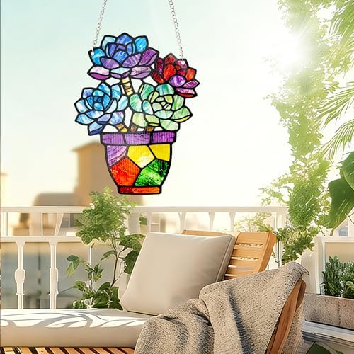 Plant Suncatcher Glass, Stained Glass Suncatcher Plant Window Hanging, Unique Nature Lover Gifts Leaf Idea (Succulent) - Image 5