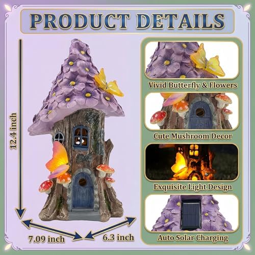 COWOS Mushroom House Statue, Garden Decor Outdoor Solar Statues, Solar Garden Statue Lights, Fairy Garden Decorations, Mushroom Fairy House Figurine with Butterflies and Flowers for Yard Decor - Image 2