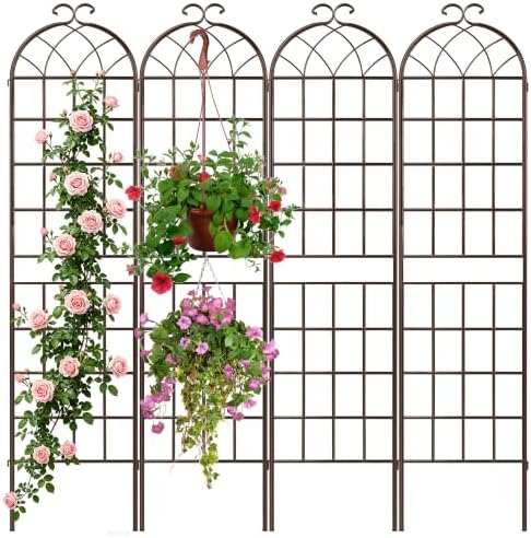 LZRS 82.7 x 80in Rustic Iron Arch Decoration Garden Trellis with Brown Metal Coating – Perfect for Supporting Climbing Plants Outdoor, Roses, Vines, Flowers, and Vegetables. by LZRSPET