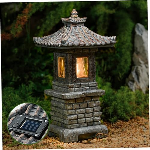 Pagoda Garden Statue, Solar-Powered Pagoda Garden Statue Auto-on Led Lantern for Zen Outdoor Decor, Dark Gray - Image 2