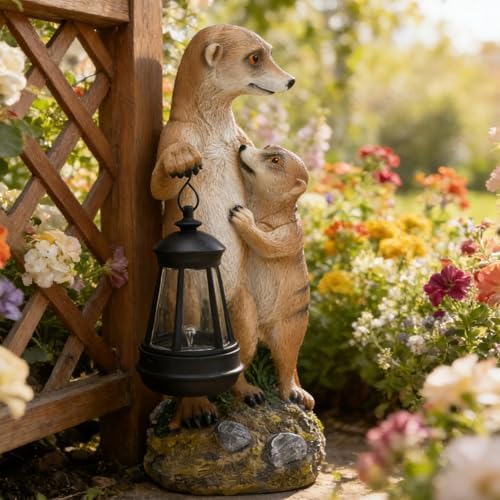 Meerkat Mother & Baby Solar Lantern Garden Statue Outdoor Decor Figurine - Image 2