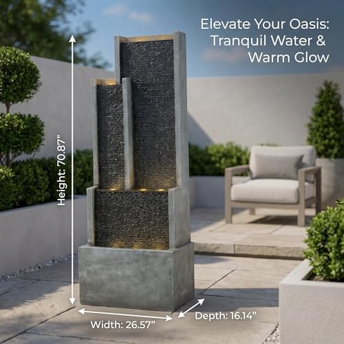 Large Outdoor Water Fountain with LED Lights, 70.87" Modern Freestanding Resin Waterfall Feature, Ribbed Panel Garden Fountain for Patio, Backyard, Porch, Deck - Image 2