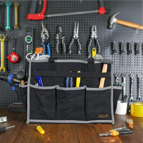 Tool Bag,Tool Pouch with 6 Pockets,Heavy Duty Waxed Canvas Garden Tool Bag Tool Case,16.5 x 7 x 12 Inch & Black - Image 4