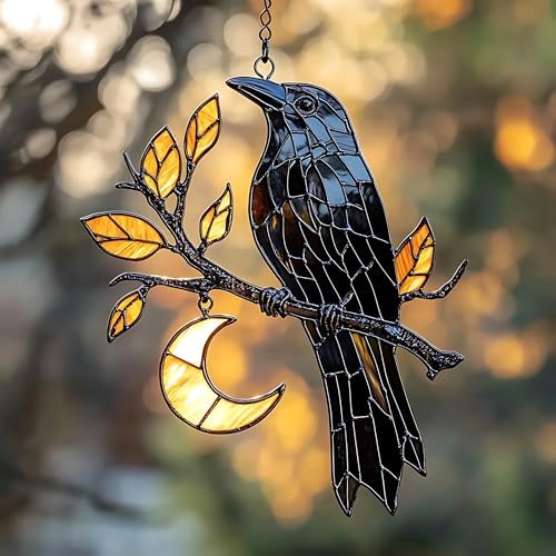 Raven Moon Acrylic Suncatcher - Faux Stained Glass Indoor Window Hanging Ornament, Outdoor Sun Catcher Panel, Home Decor Gift for Bird Lovers by Unknown