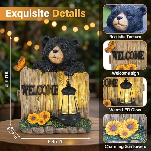 Garden Black Bear Welcome Sign with Solar Lantern, Decorative Outdoor Statue for Porch, Patio or Garden with Butterfly and Sunflowers - Image 3