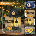 Garden Black Bear Welcome Sign with Solar Lantern, Decorative Outdoor Statue for Porch, Patio or Garden with Butterfly and Sunflowers - Image 3