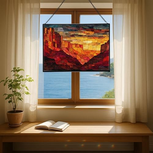 Sunrise Breaking Over Canyon Ridge Rectangular Stained Glass Suncatcher – Hanging Window Panel with Animal & Nature Scene – Vibrant Glass Art Gift for Wildlife, Fantasy, Nature Lovers Q4fgwY - Image 6