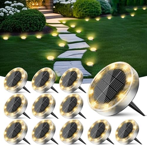 Peasur Solar Lights Outdoor Waterproof -12 Pack Solar Ground Lights Anti-Rust, Flat Solar Powered Disc Lights Landscape Lighting for Deck Step Patio Yard Pathway Walkway Driveway Garden, Warm White by Peasur