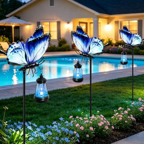 32.7in Blue Metal Butterfly Solar Garden Light with Hanging Solar Lantern - Image 7