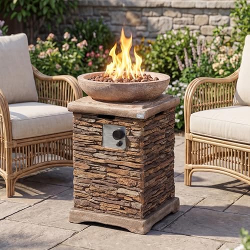 COSIEST Outdoor Propane Fire Pit Table w Faux Brown Compact Ledge Stone 20" Square Base and Faux Rose-Marble Round Bowl, Certified, 40,000 BTU, Free Lava Rocks, Fits 20lb Tank Inside, Raincover by COSIEST