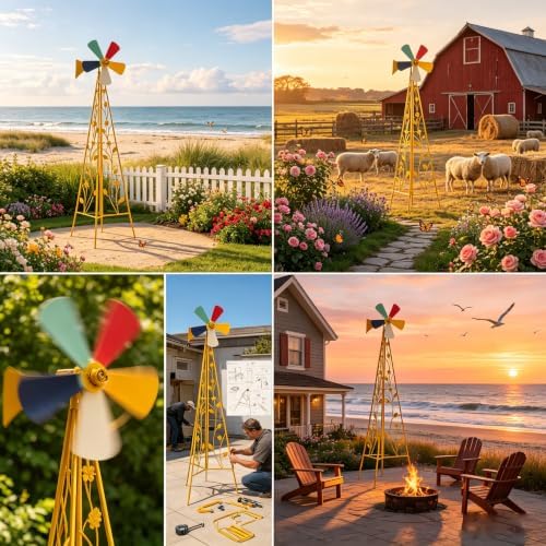 6.2ft Metal Garden Windmill for Yard - Garden Decor Wind Spinners Outdoor, Large Colorful Whirligig Spinners Wind Sculpture Weather-Resistant for Patio Farm Coastal Areas Yellow - Image 4