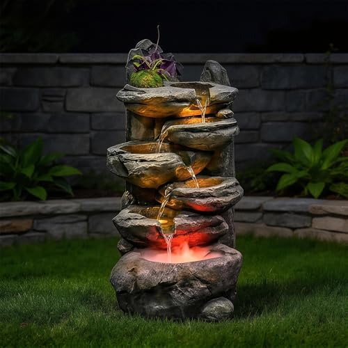 Water Fountain Outdoor,Corded Electric 6-Tier Cascading Rock Waterfall with LED Lights,Garden Fountain with Built-in Pump & Water Circulation,Weather-Resistant Resin for Patio (26.5) - Image 2