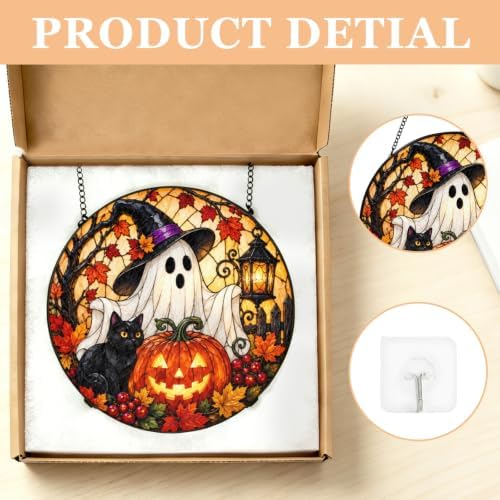 Halloween Ghost Suncatcher, Black Cat Maple Leaf Fall Window Hanging Ornament, Spooky Pumpkin Autumn Holiday Stained Glass Decor, Housewarming Gift for Halloween Party Porch 11.81" - Image 5