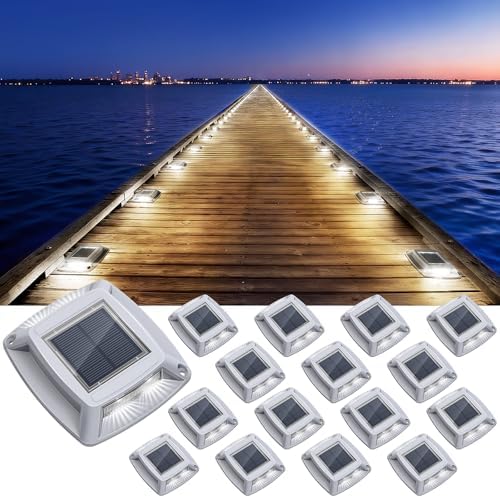Solar Driveway Lights Outdoor 16 Pack, IP68 Waterproof Dock Lights, White by Etetale
