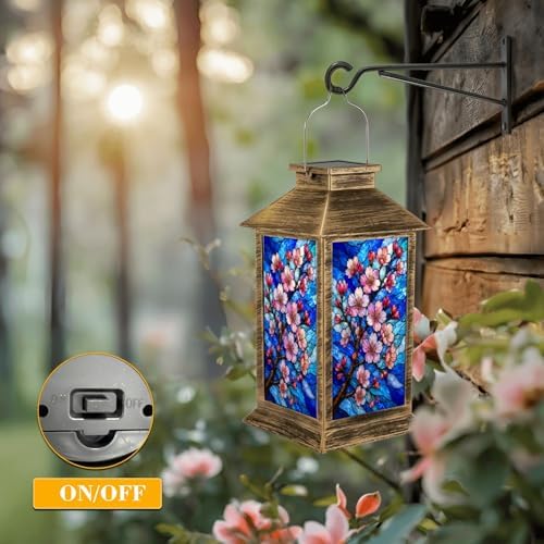 Solar Lantern Outdoor Waterproof Cherry Blossom Branch Pink Flowers Stained Glass Effect Style Blue Garden Decor LED Hanging Solar Lights Tabletop Lamp Gifts for Women Mom Outside Yard Patio Porch - Image 5